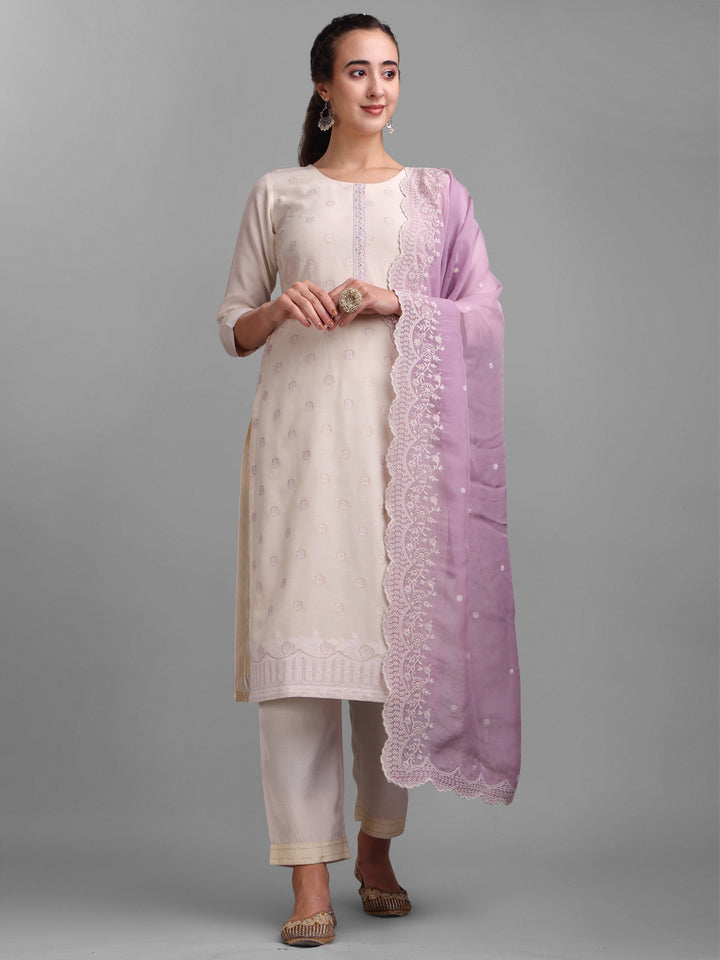 Cream-Coloured and Lavender Woven Design Kurta Suit Set Product vendor