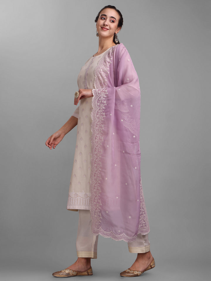 Cream-Coloured and Lavender Woven Design Kurta Suit Set Product vendor