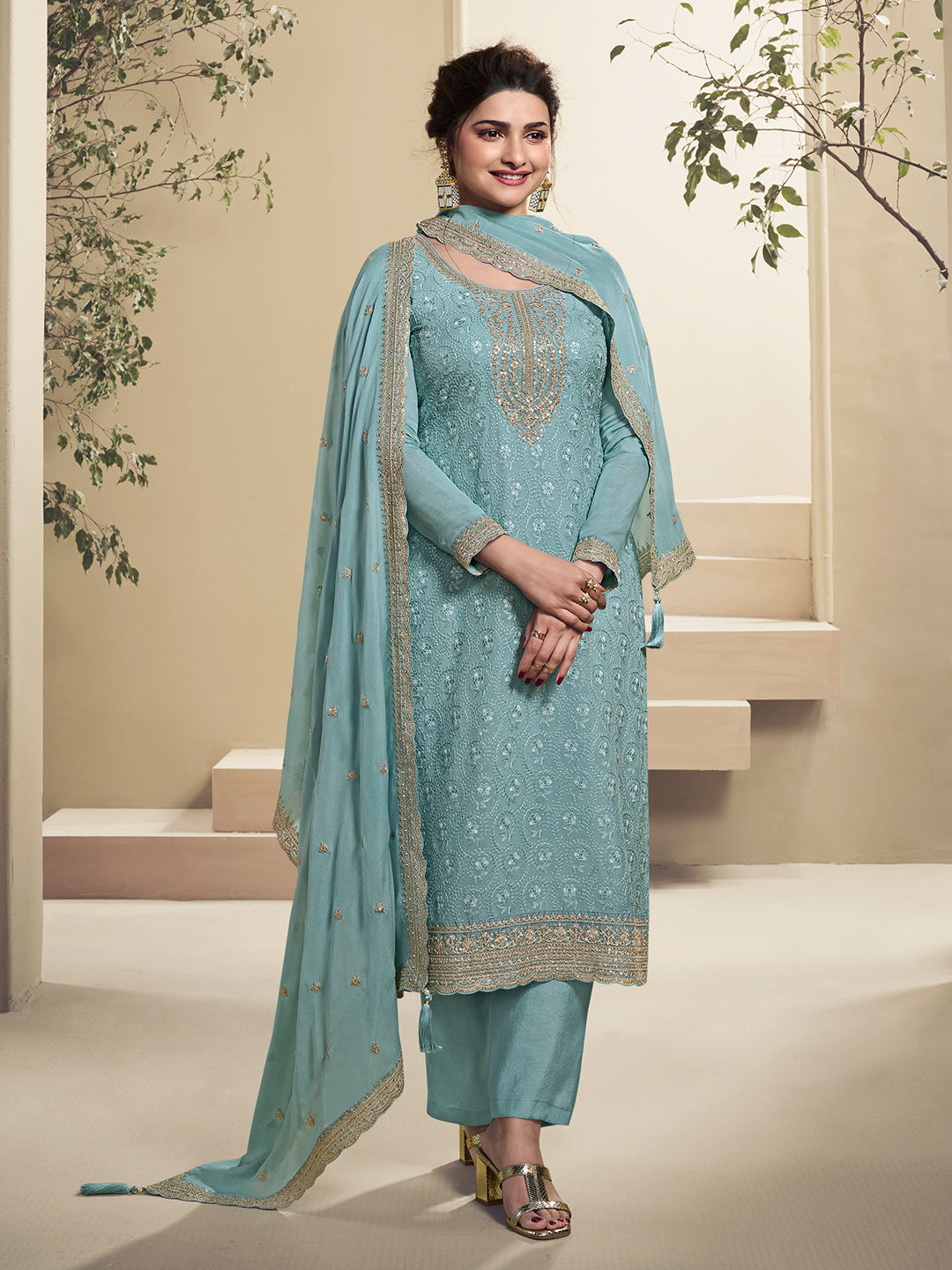 Teal Blue Floral Pattern Schiffli Thread & Sequins Embroidery Kurta Suit Set Product vendor