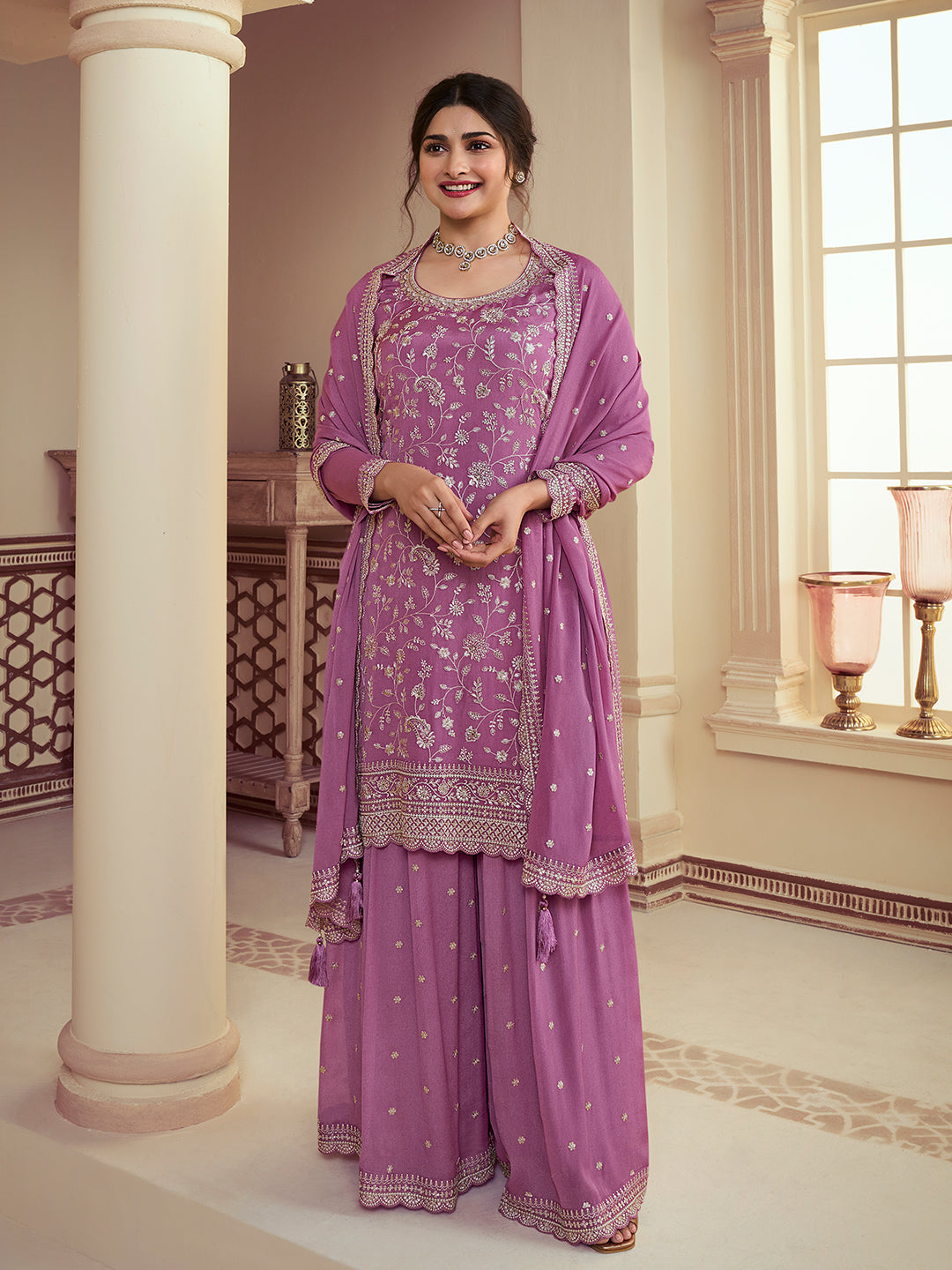 Twilight lavender Floral Pattern, Thread & Sequins Embroidered Sharara Suit Set Product vendor