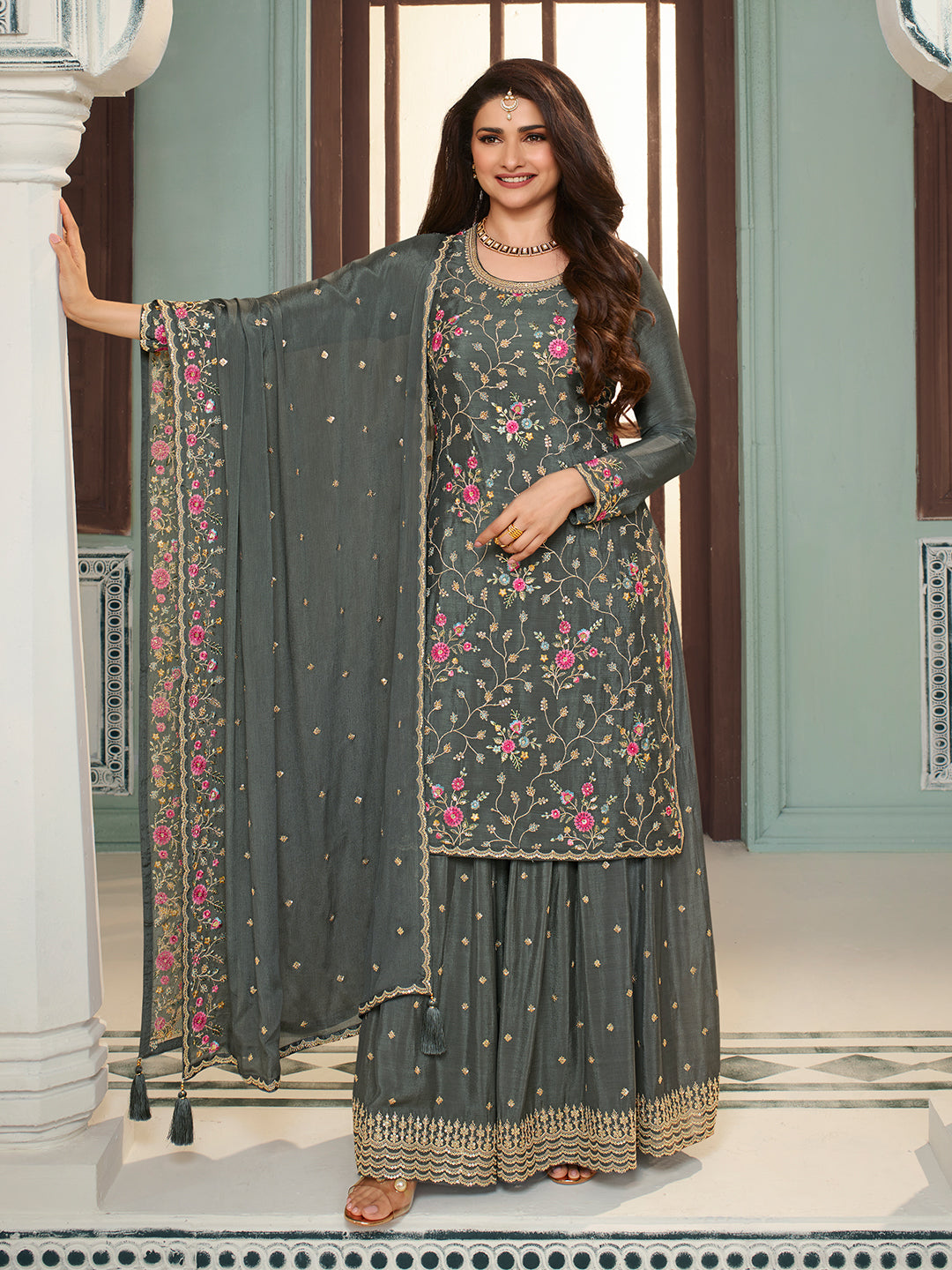 Grey Multi Colour Floral Thread & Embroidered Sharara Suit Set Seerat Ethnic Grey Multi Colour Floral Thread & Embroidered Sharara Suit Set Seerat Ethnic