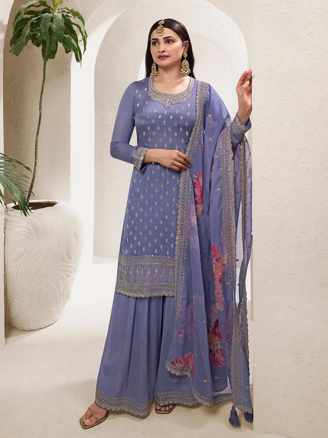 Purple Butti Floral pattern Sequins Embroidered Sharara Suit Set Product vendor