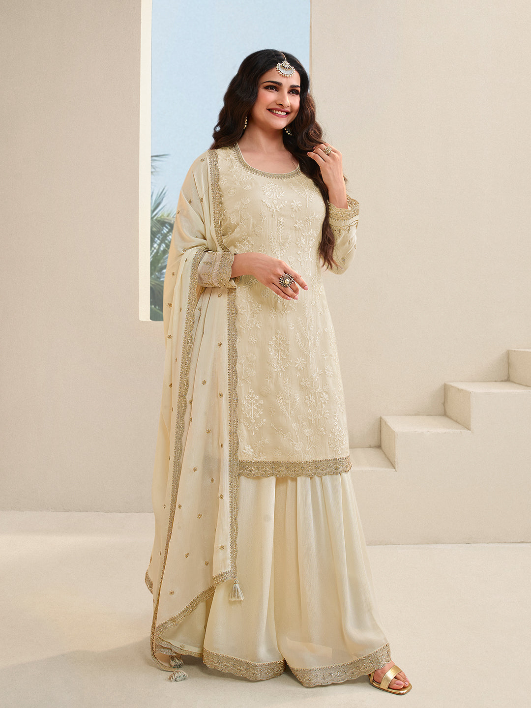 Off White Floral Pattern, Thread with Sequins & Zari Embroidered Sharara Suit Set Product vendor