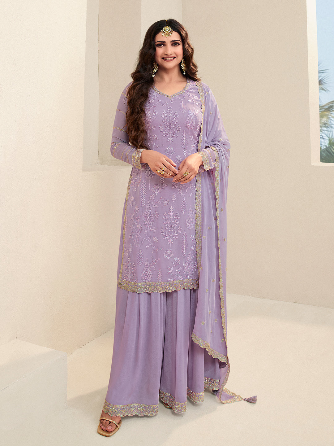 Lavender Floral Pattern, Thread with Sequins & Zari Embroidered Sharara Suit Set Product vendor