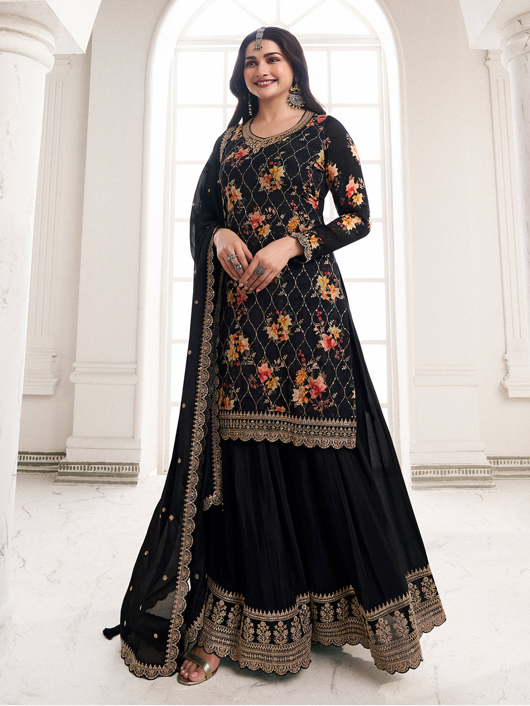 Black Digital Floral Printed Embroidered Sharara Suit Set