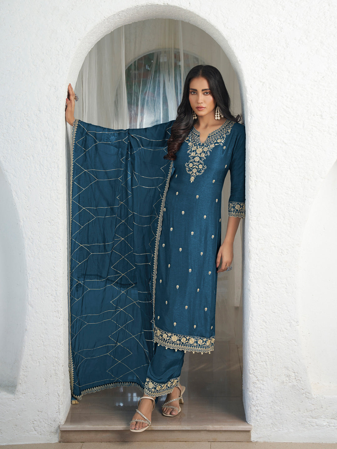 Floral + Geometric thread work & Hanging Pearl on Daman Kurta With Straight Pant & Dupatta Product vendor