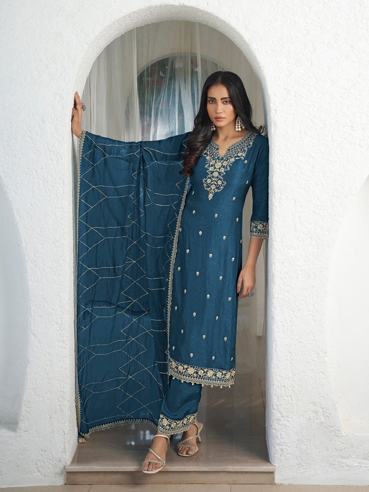 Floral + Geometric thread work & Hanging Pearl on Daman Kurta With Straight Pant & Dupatta Product vendor