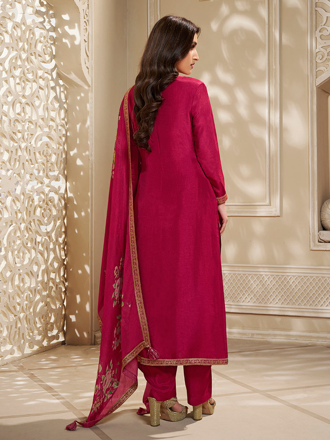 Dola Silk Jacquard Kurta With designer Yoke and handwork  with trousers and Dupatta Product vendor