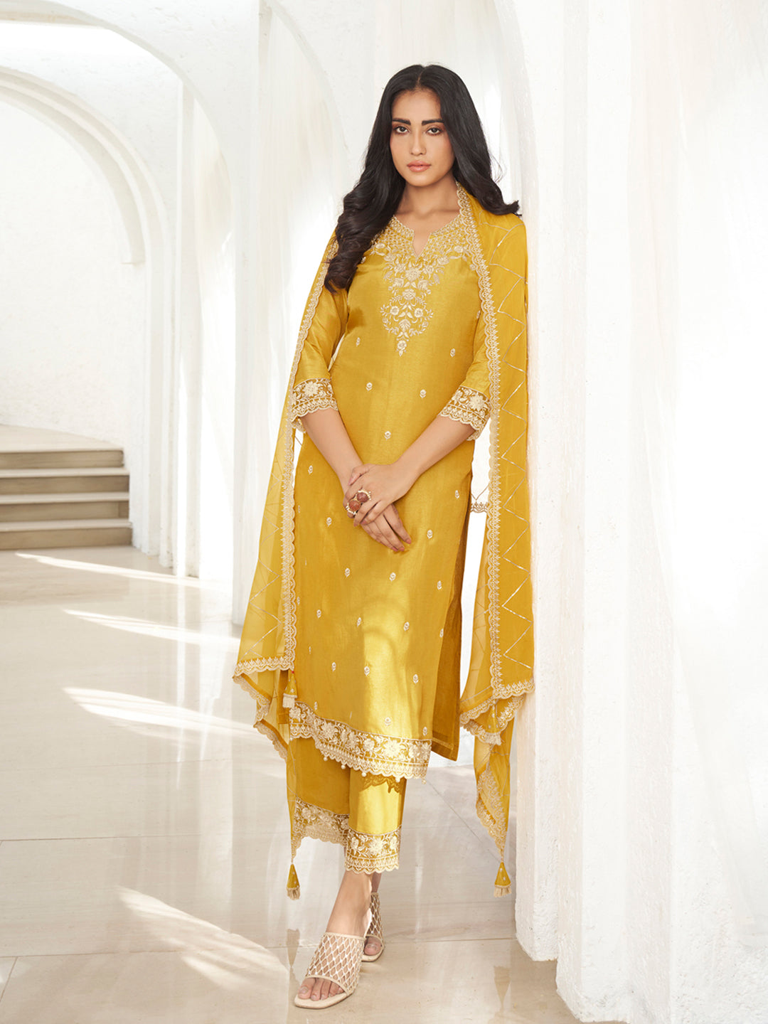 Floral + Geometric thread work & Hanging Pearl on Daman Kurta With Straight Pant & Dupatta Product vendor