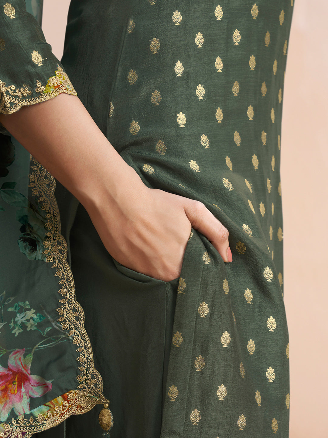 Dark Olive Green Applique Jacquard Kurta with Floral Print Dupatta Product vendor