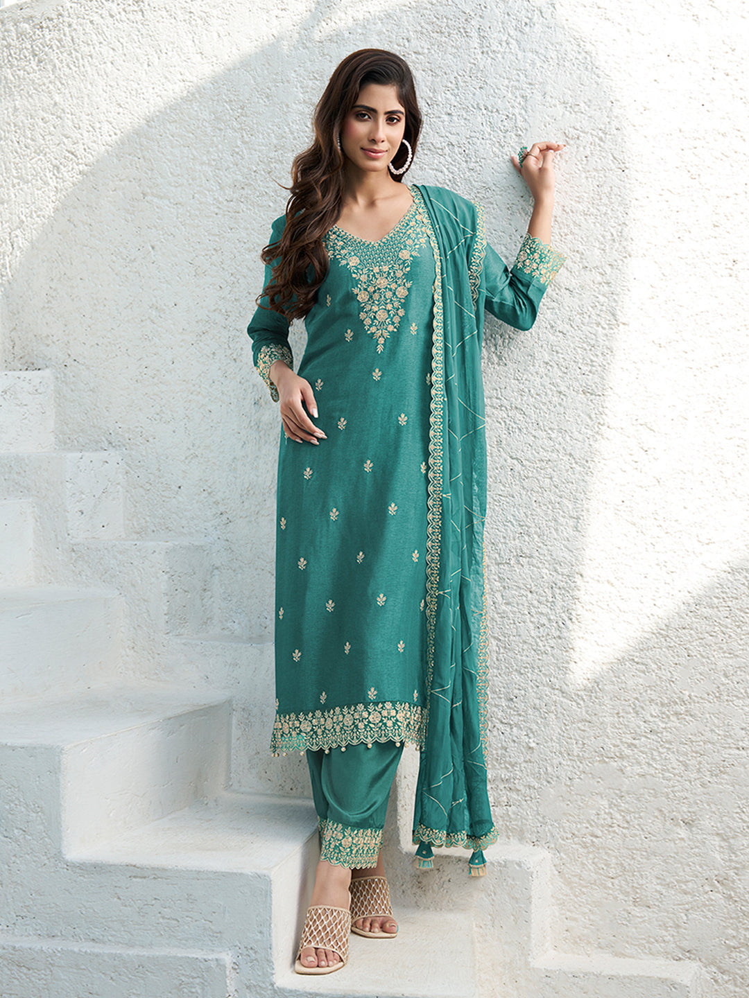 Floral + Geometric thread work & Hanging Pearl on Daman Kurta With Straight Pant & Dupatta Product vendor