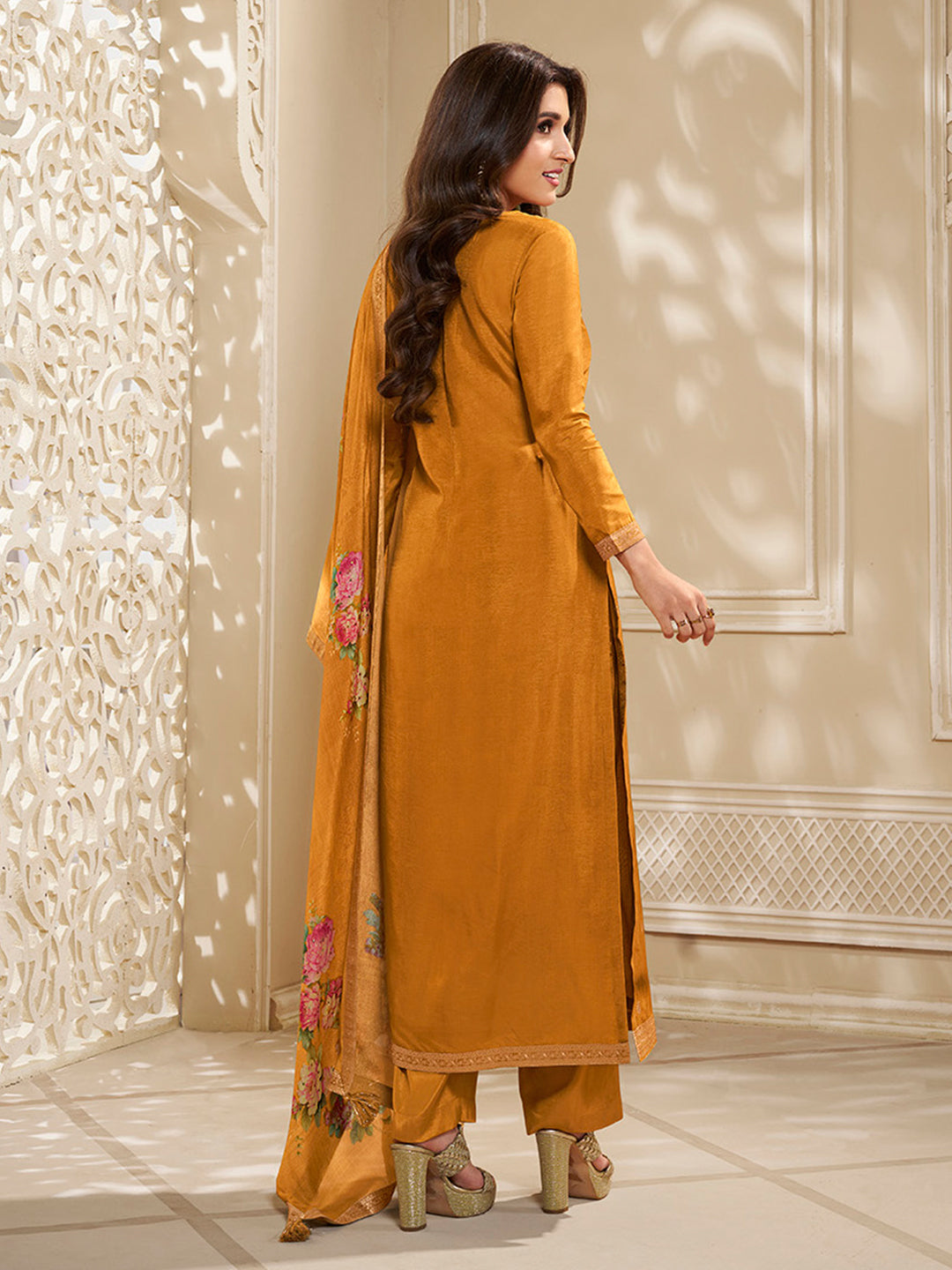 Dola Silk Jacquard Kurta With designer Yoke and handwork  with trousers and Dupatta Product vendor