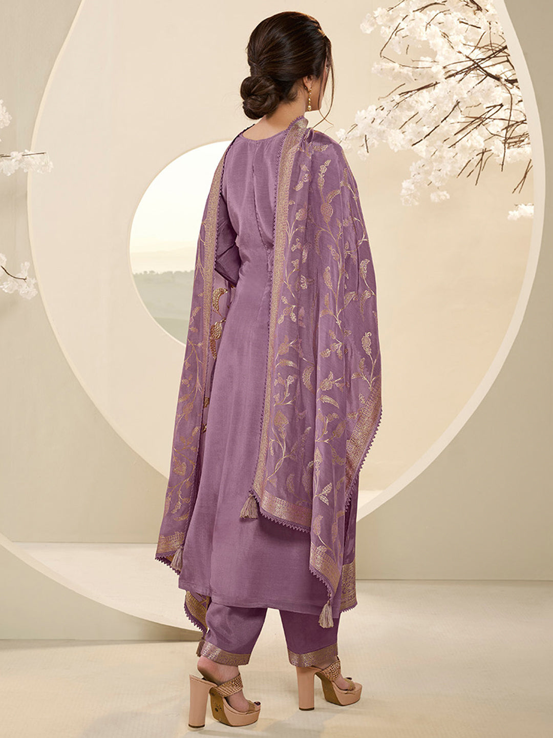 Wisteris Purple Muslin Jacquard Kurta Suit Set with Champagne Thread Weave & Pencil Sketch Weave Yoke Product vendor
