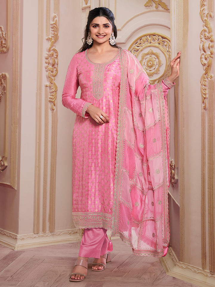Light Pink Kurta Set with With Dola Jacquard and Sequins