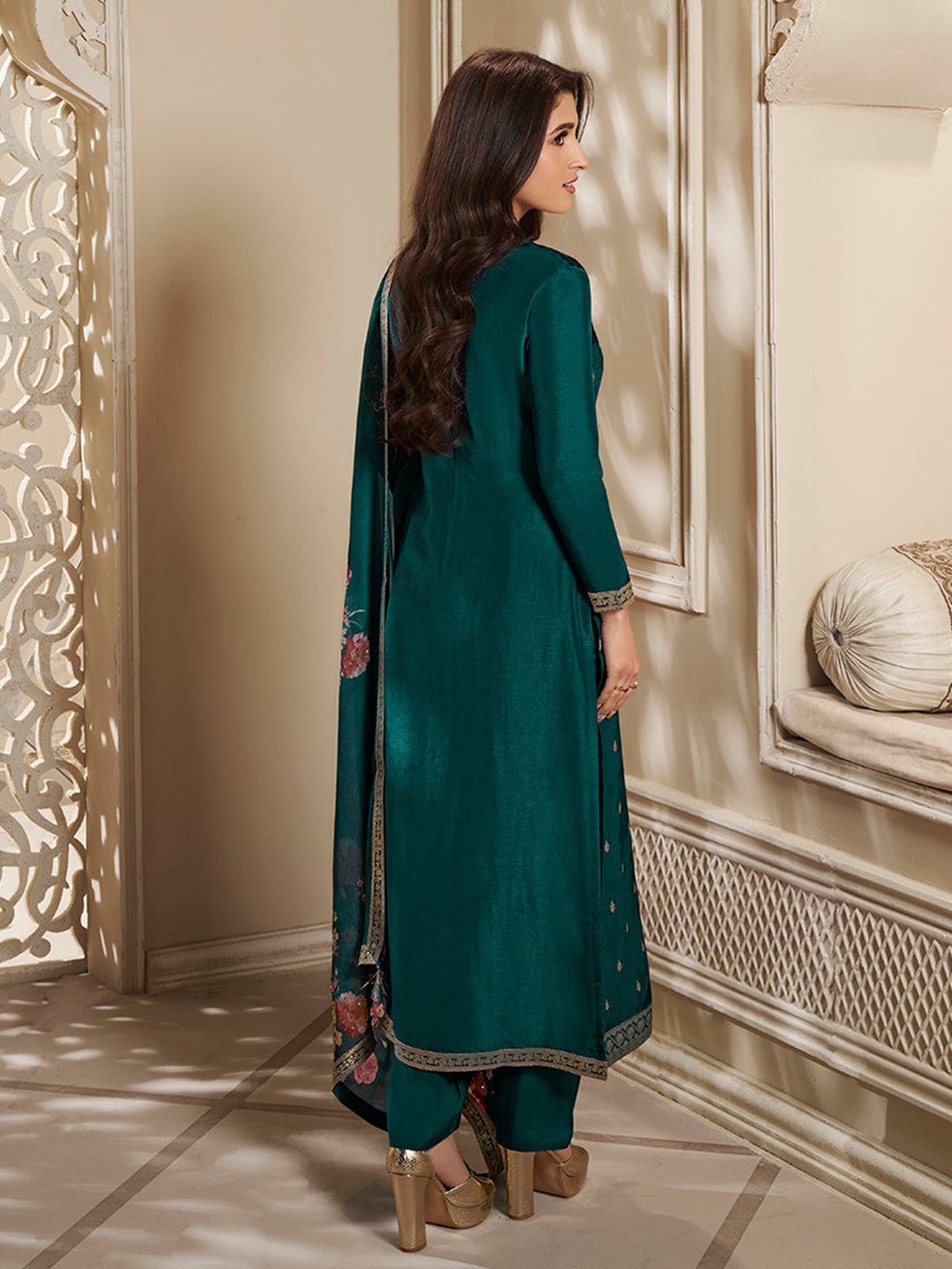 Dola Silk Jacquard Kurta With designer Yoke and handwork  with trousers and Dupatta Product vendor