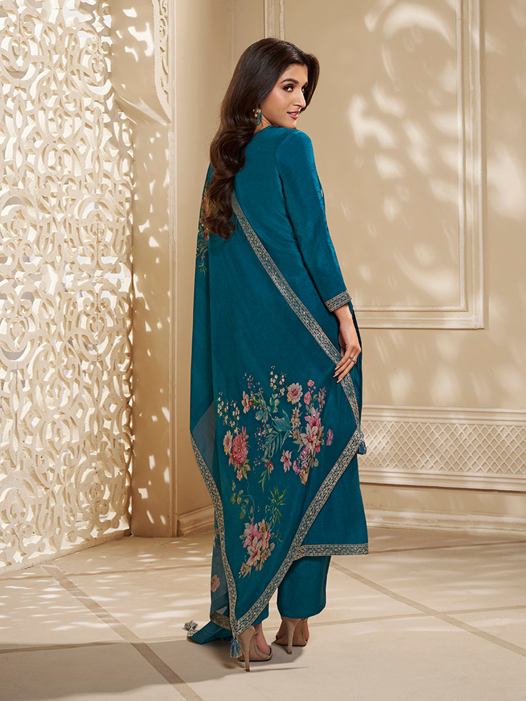 Dola Silk Jacquard Kurta With designer Yoke and handwork  with trousers and Dupatta Product vendor