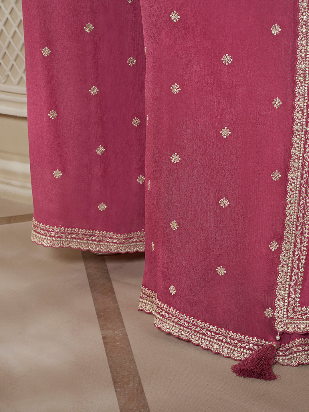 Deep Rose Floral Pattern, Thread & Sequins Embroidered Sharara Suit Set Product vendor