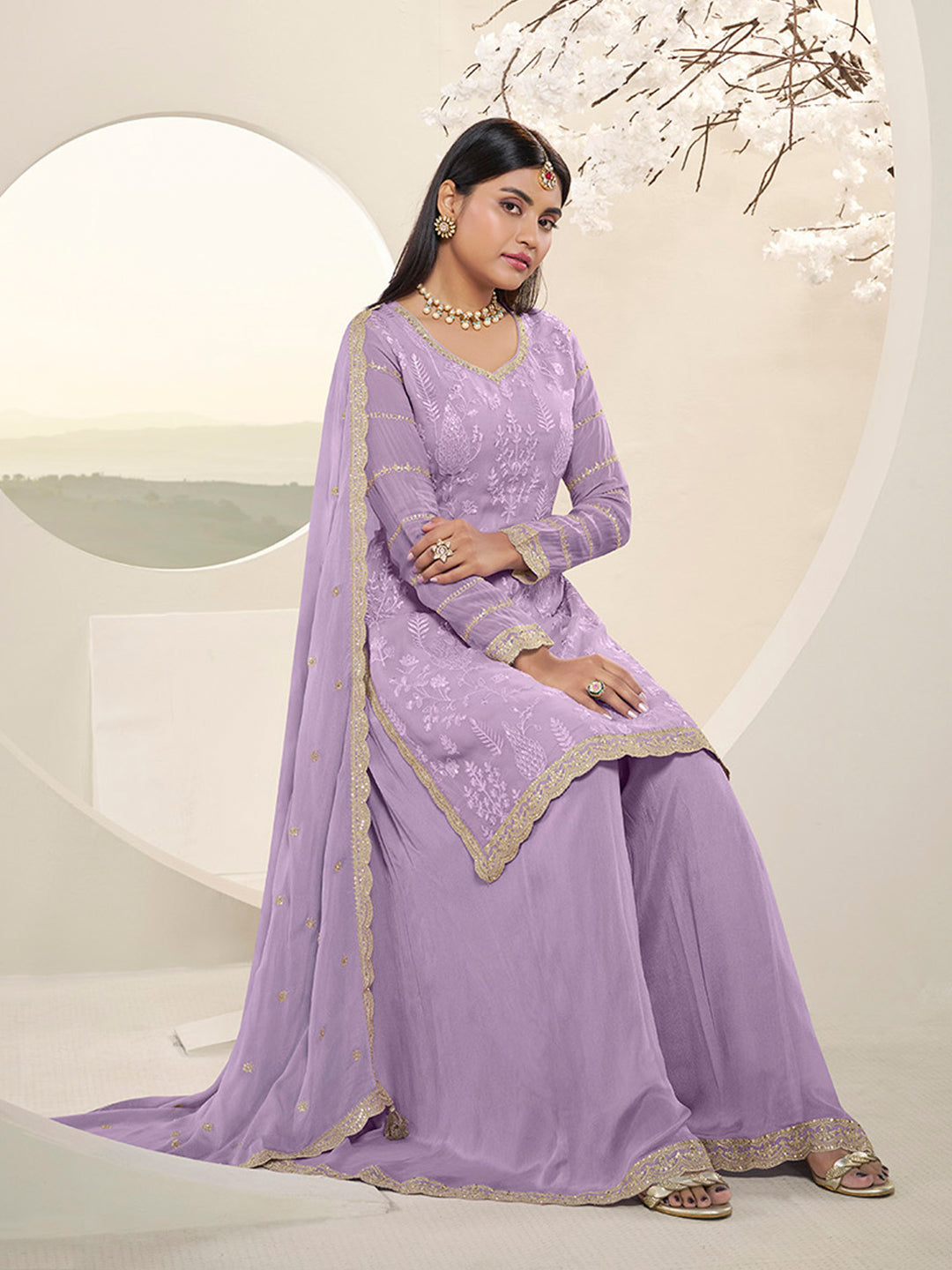 Lavender Floral Pattern, Thread with Sequins & Zari Embroidered Sharara Suit Set Product vendor