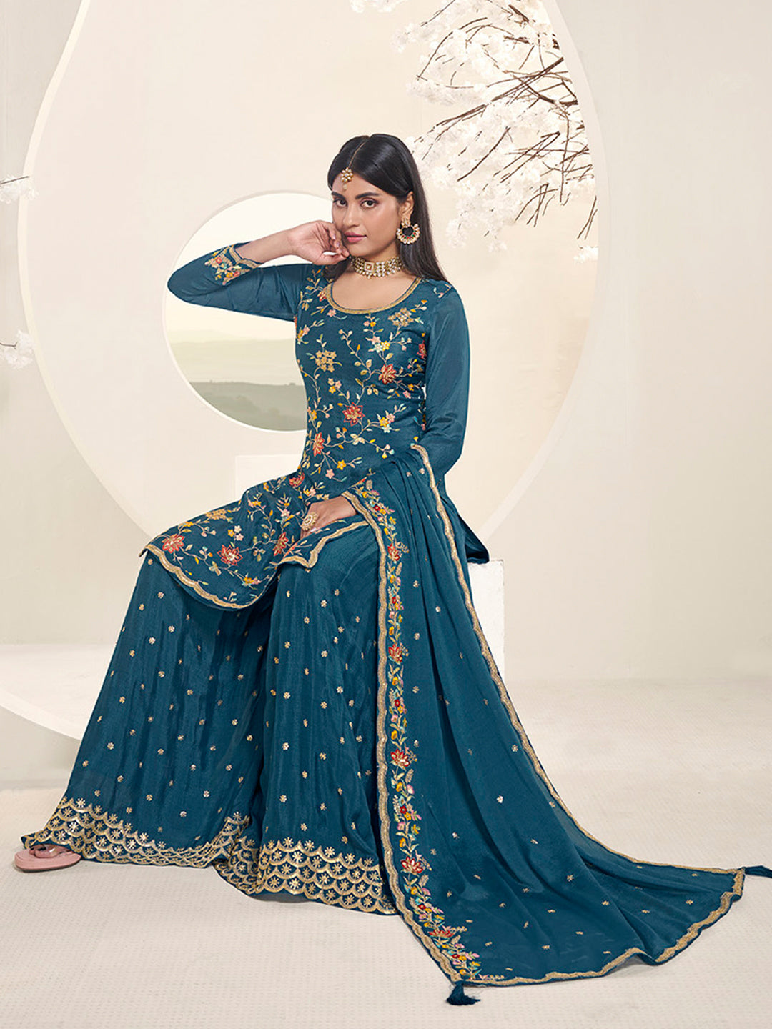 Blue Multi Colour Floral Thread & Embroidered Sharara Suit Set Product vendor