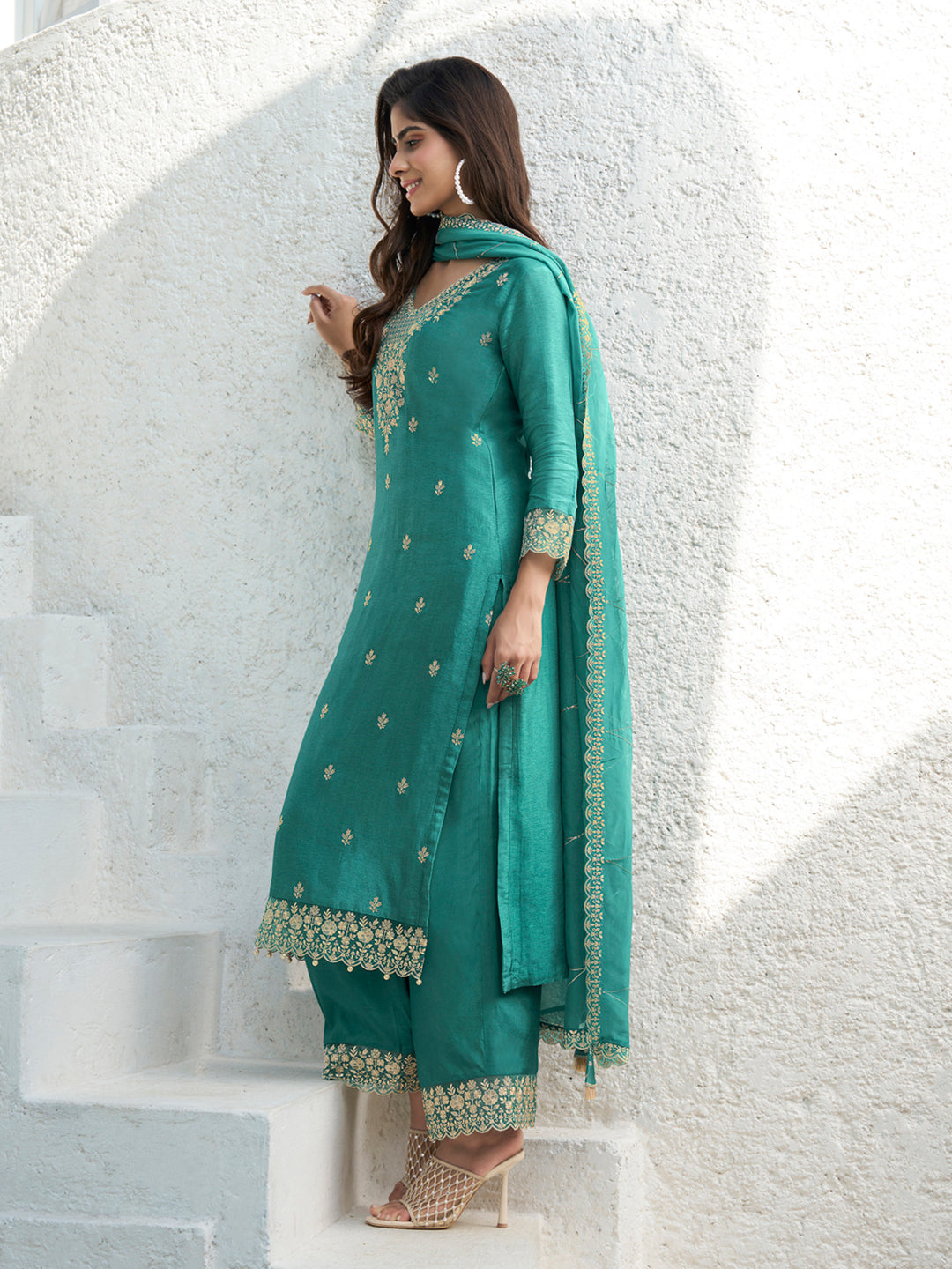 Floral + Geometric thread work & Hanging Pearl on Daman Kurta With Straight Pant & Dupatta Product vendor