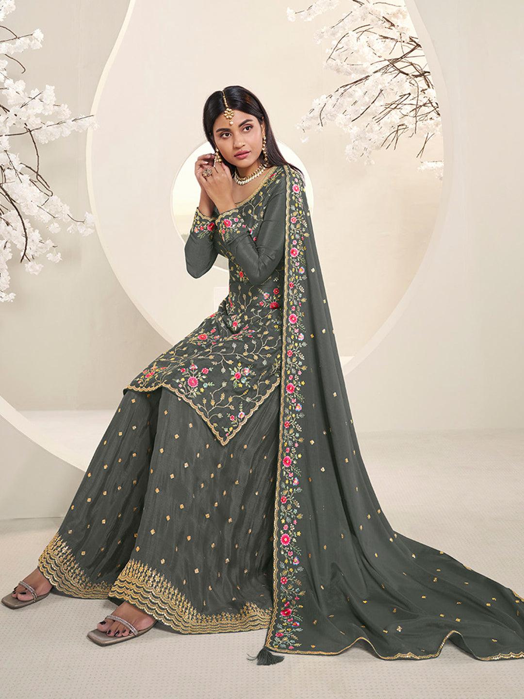 Grey Multi Colour Floral Thread & Embroidered Sharara Suit Set Product vendor