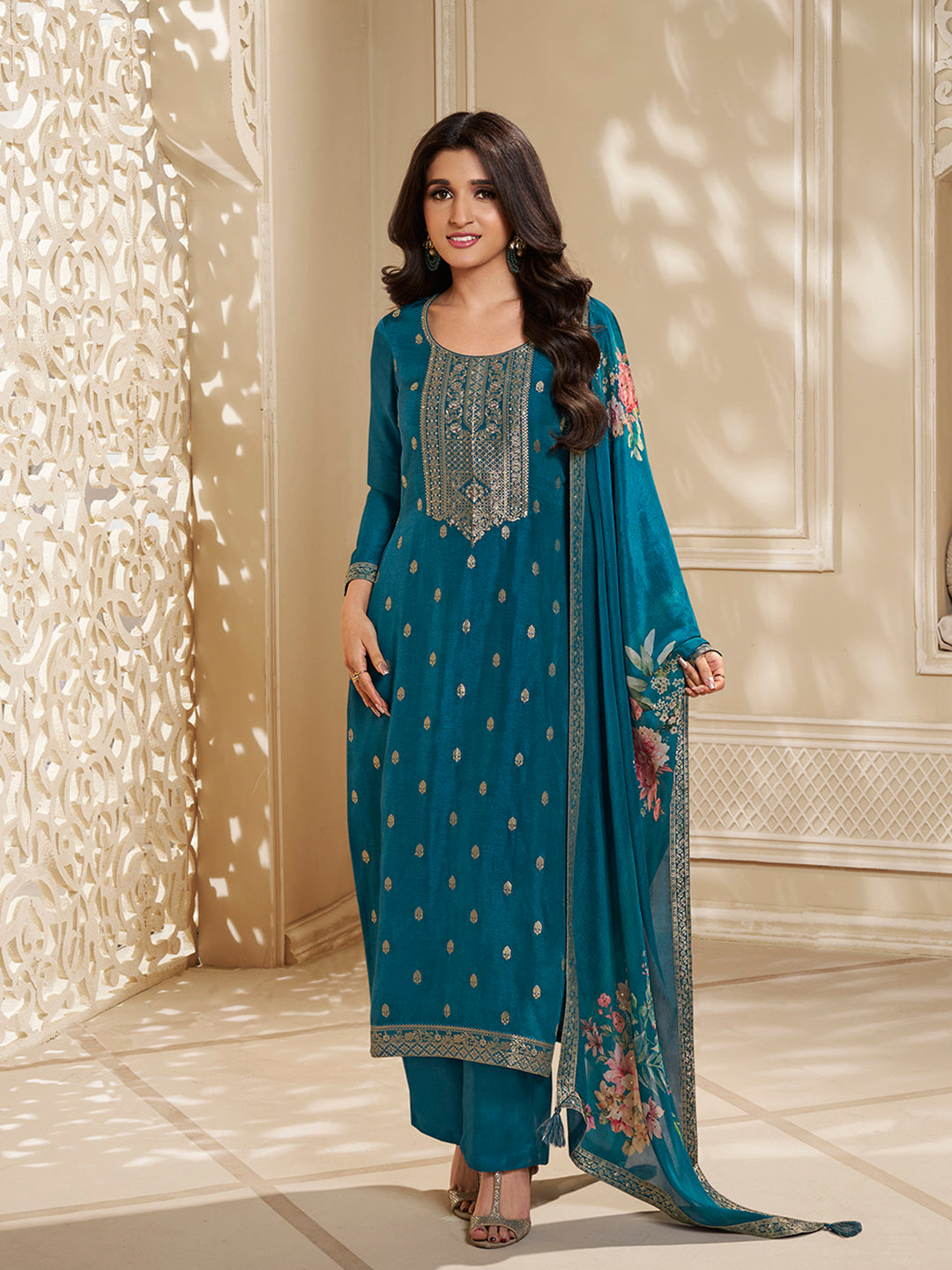 Dola Silk Jacquard Kurta With designer Yoke and handwork  with trousers and Dupatta Product vendor
