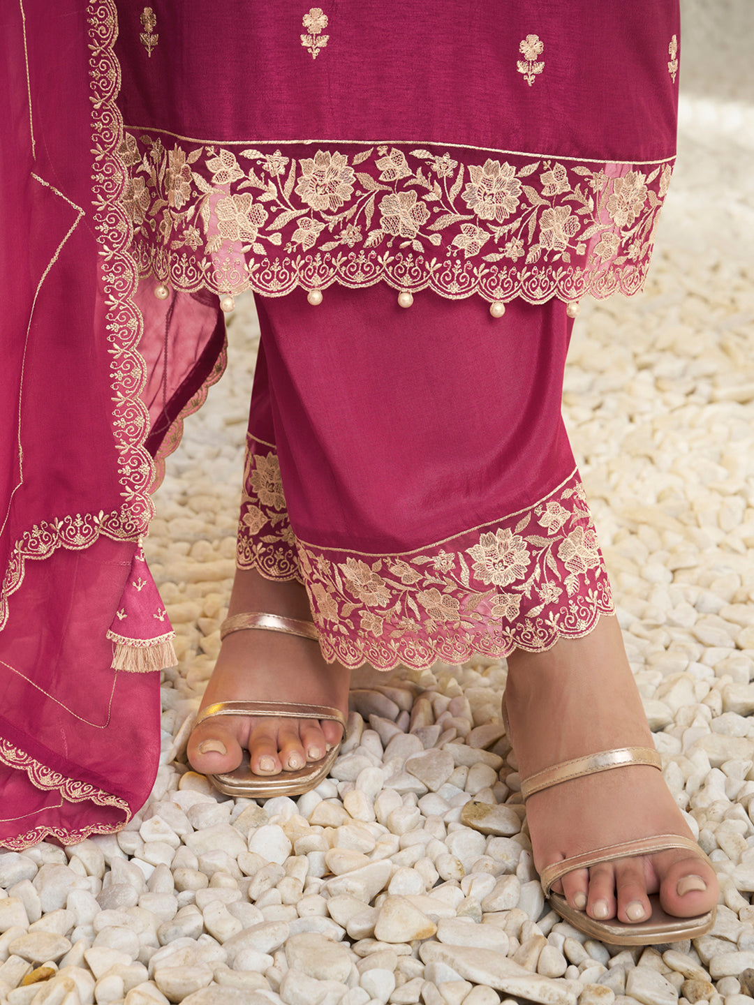 Floral + Geometric thread work & Hanging Pearl on Daman Kurta With Straight Pant & Dupatta Product vendor