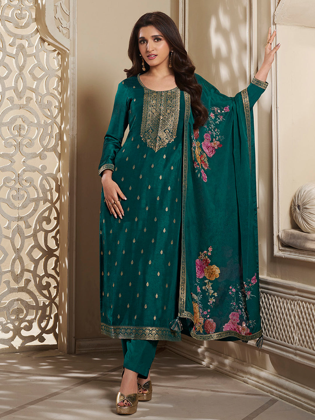Dola Silk Jacquard Kurta With designer Yoke and handwork  with trousers and Dupatta Product vendor