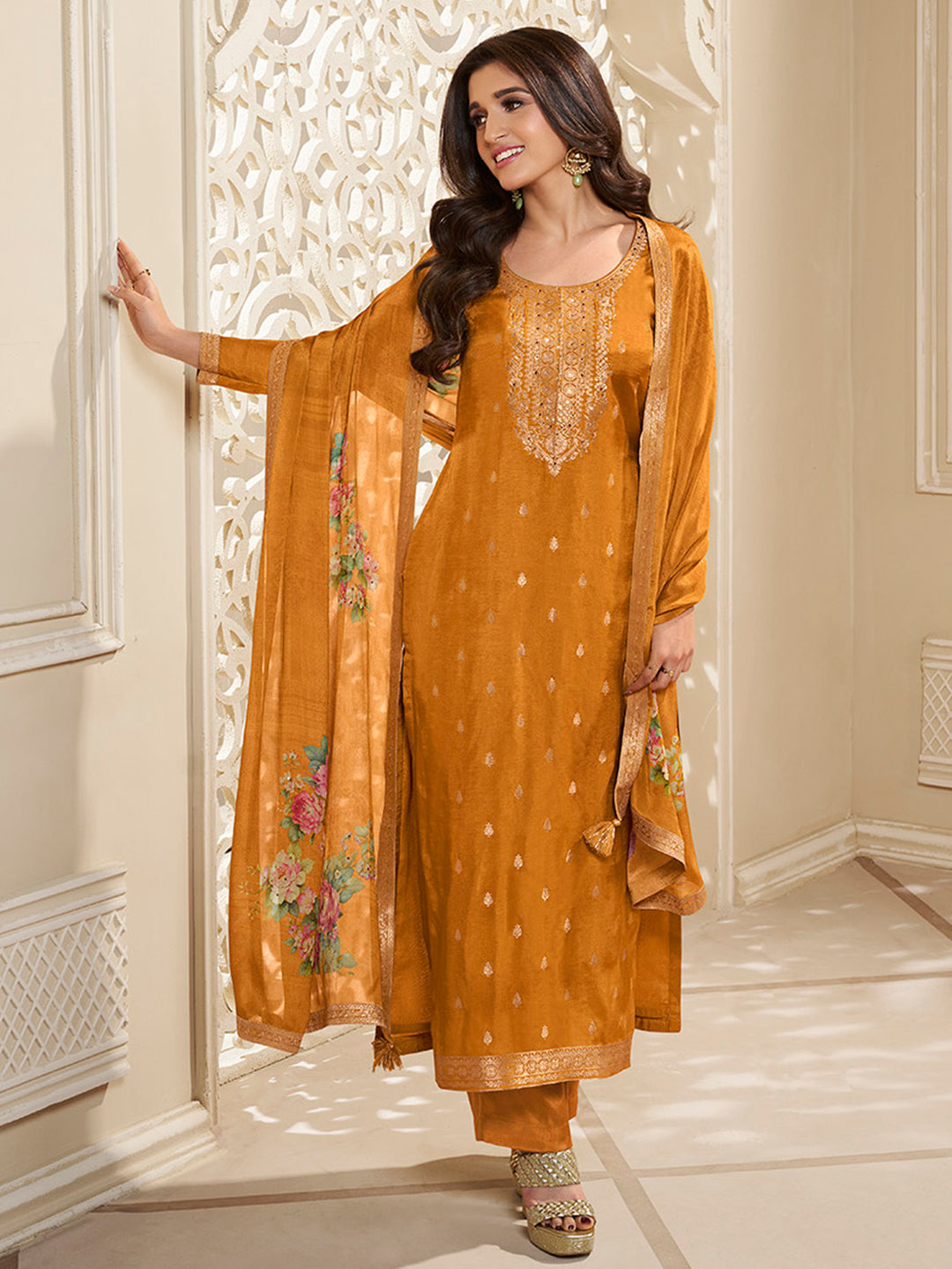 Dola Silk Jacquard Kurta With designer Yoke and handwork  with trousers and Dupatta Product vendor