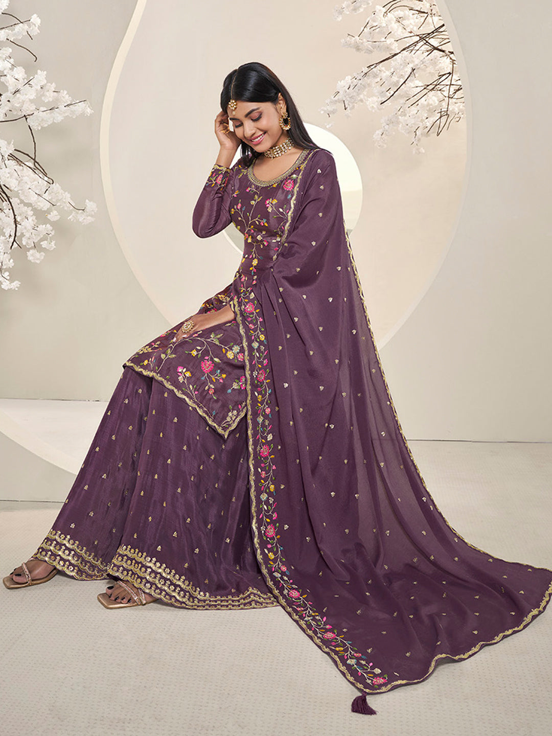 Purple Multi Colour Floral Thread & Embroidered Sharara Suit Set Product vendor