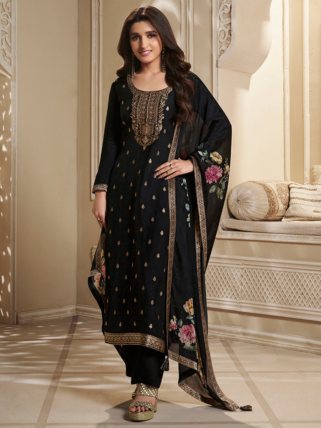 Dola Silk Jacquard Kurta With designer Yoke and handwork  with trousers and Dupatta Product vendor