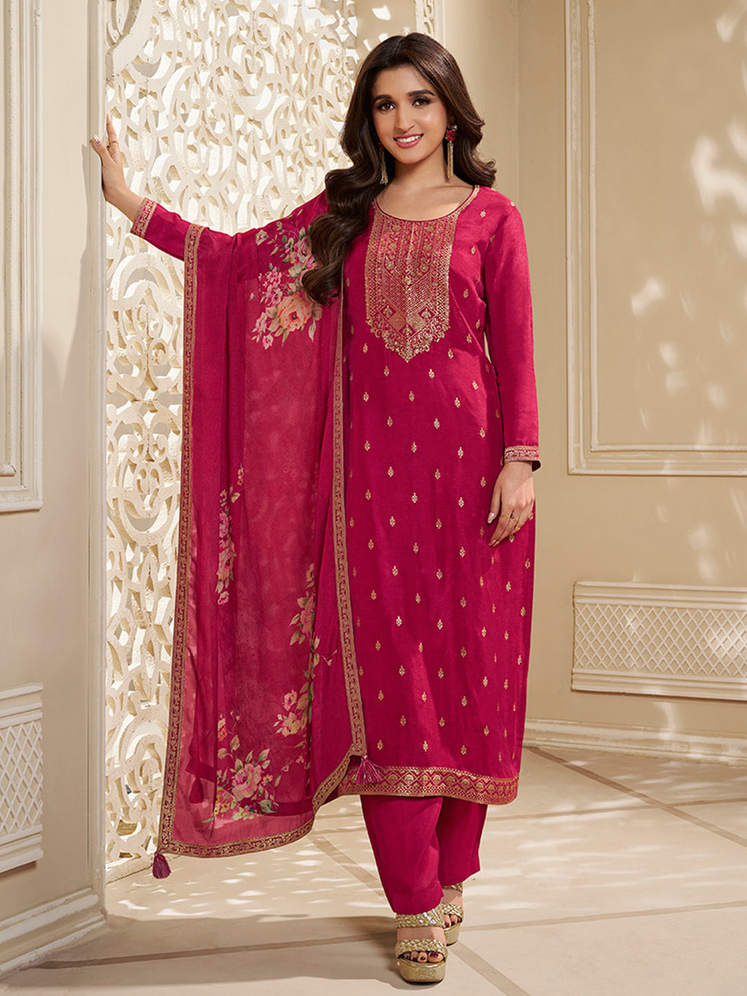 Dola Silk Jacquard Kurta With designer Yoke and handwork  with trousers and Dupatta Product vendor