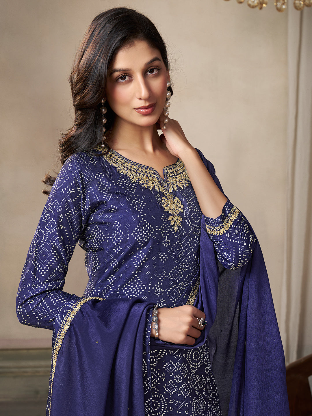 Royal Blue Kurta Set in Dola Bandhani Printed with Embroidery
