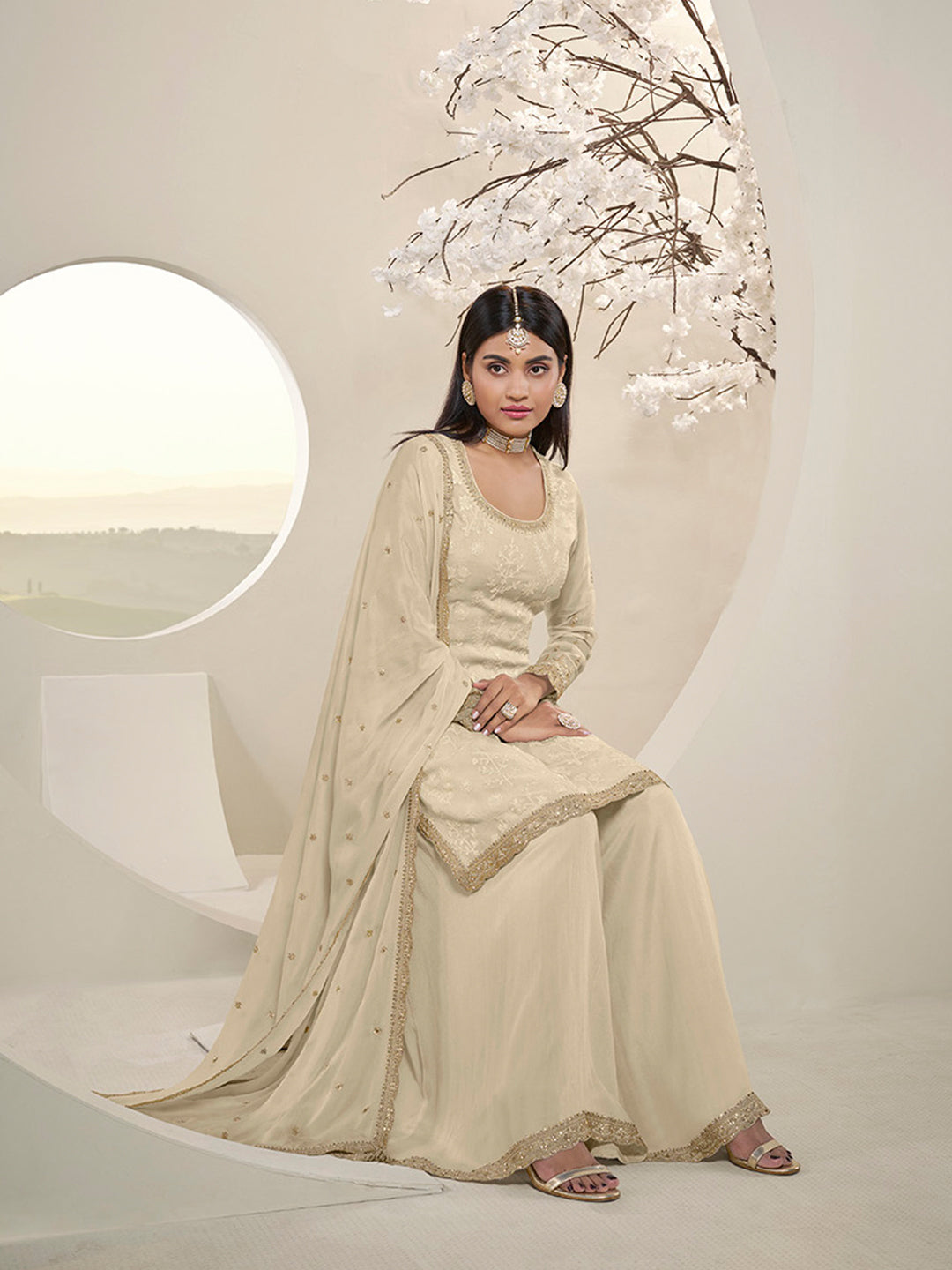 Off White Floral Pattern, Thread with Sequins & Zari Embroidered Sharara Suit Set Product vendor