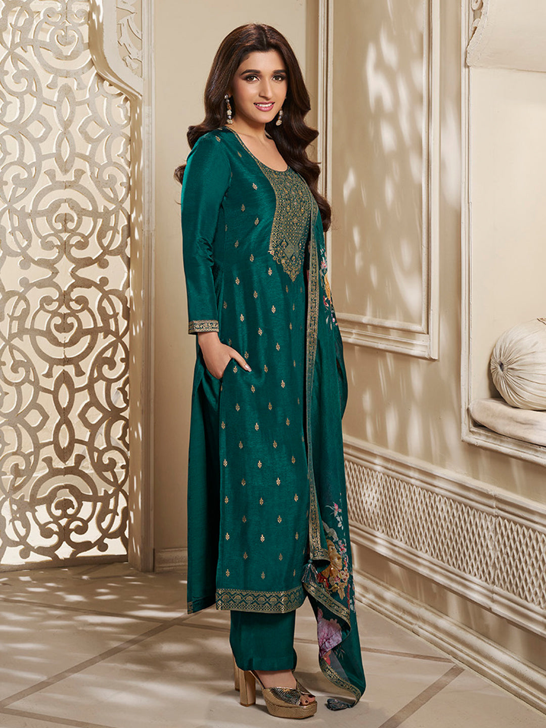 Dola Silk Jacquard Kurta With designer Yoke and handwork  with trousers and Dupatta Product vendor