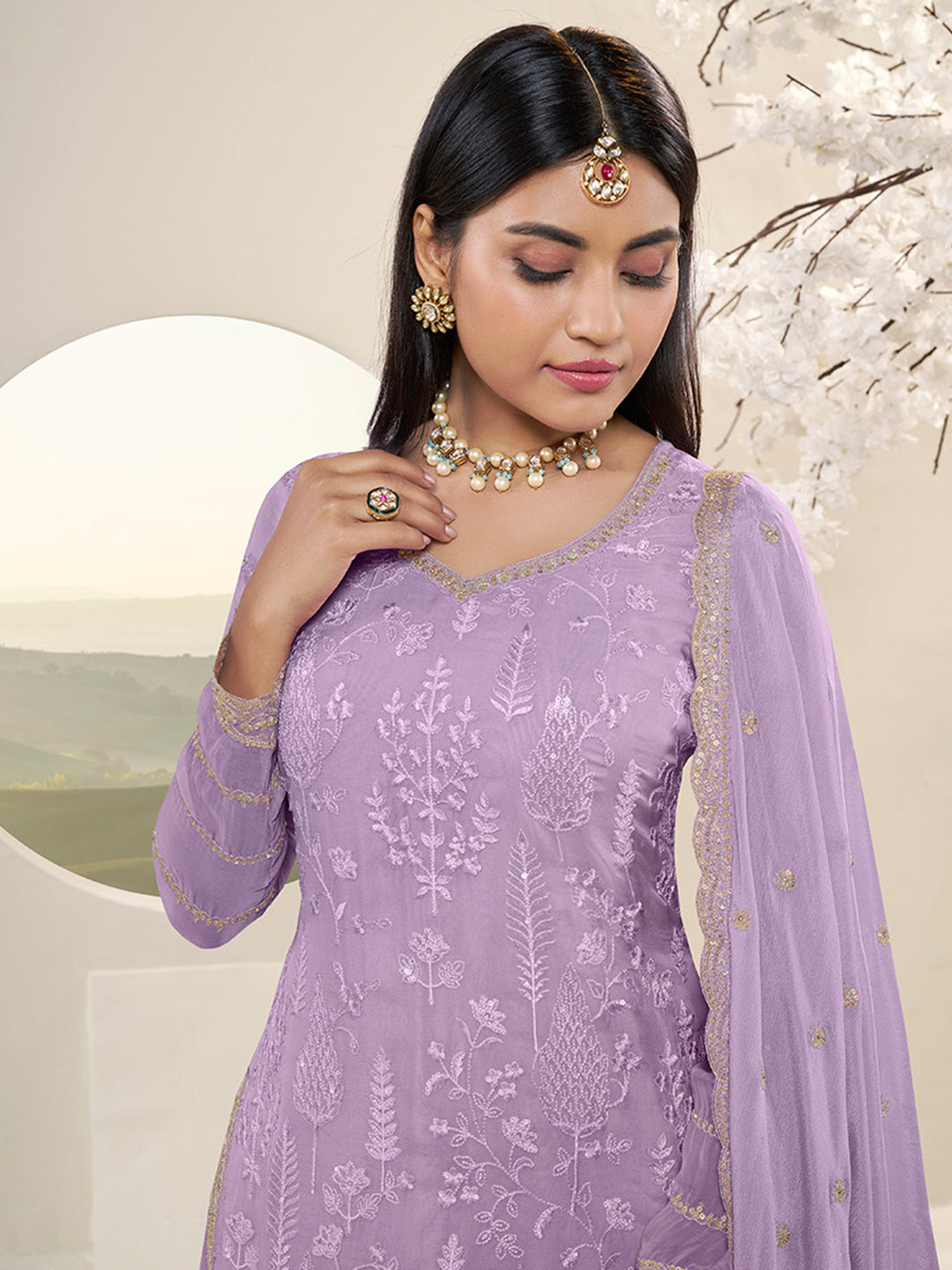 Lavender Floral Pattern, Thread with Sequins & Zari Embroidered Sharara Suit Set Product vendor