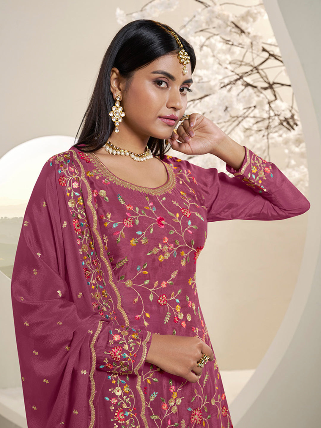 Dark Pink Multi Colour Floral Thread & Embroidered Sharara Suit Set Product vendor