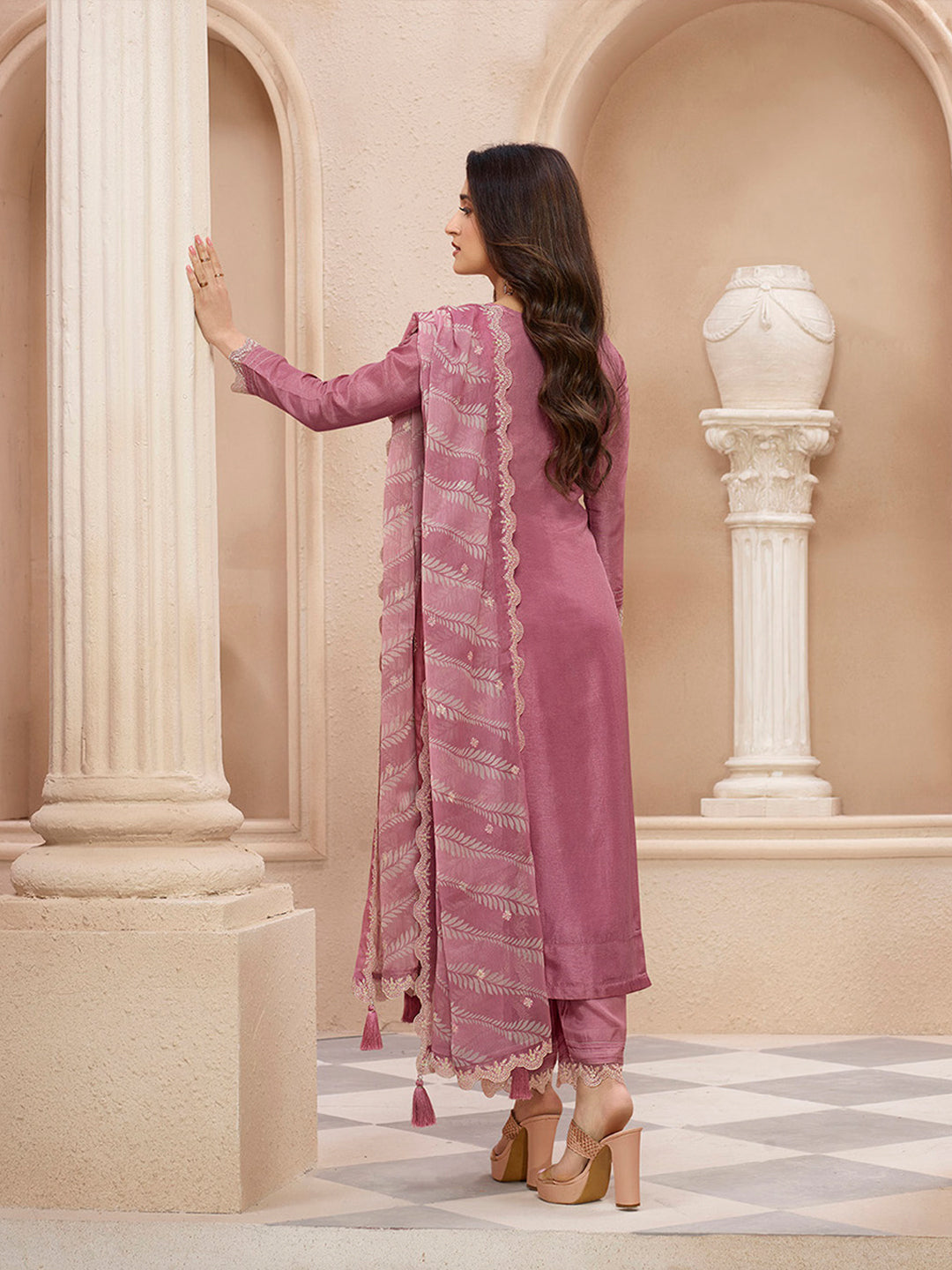 Dusty Rose Cutwork Neckline Dola Silk  Kurta Suit Set  with Lehariya Print Dupatta Product vendor