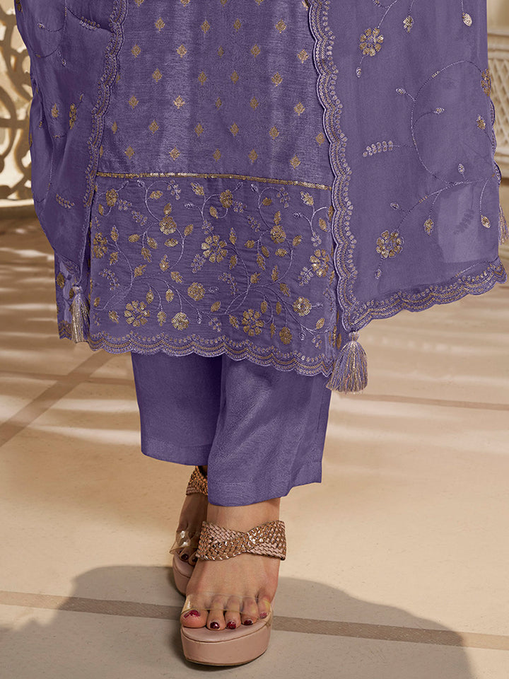 Lavender Dola Jacquard Kurta Suit Set with Embroidered with Thread & Sequins Work Product vendor