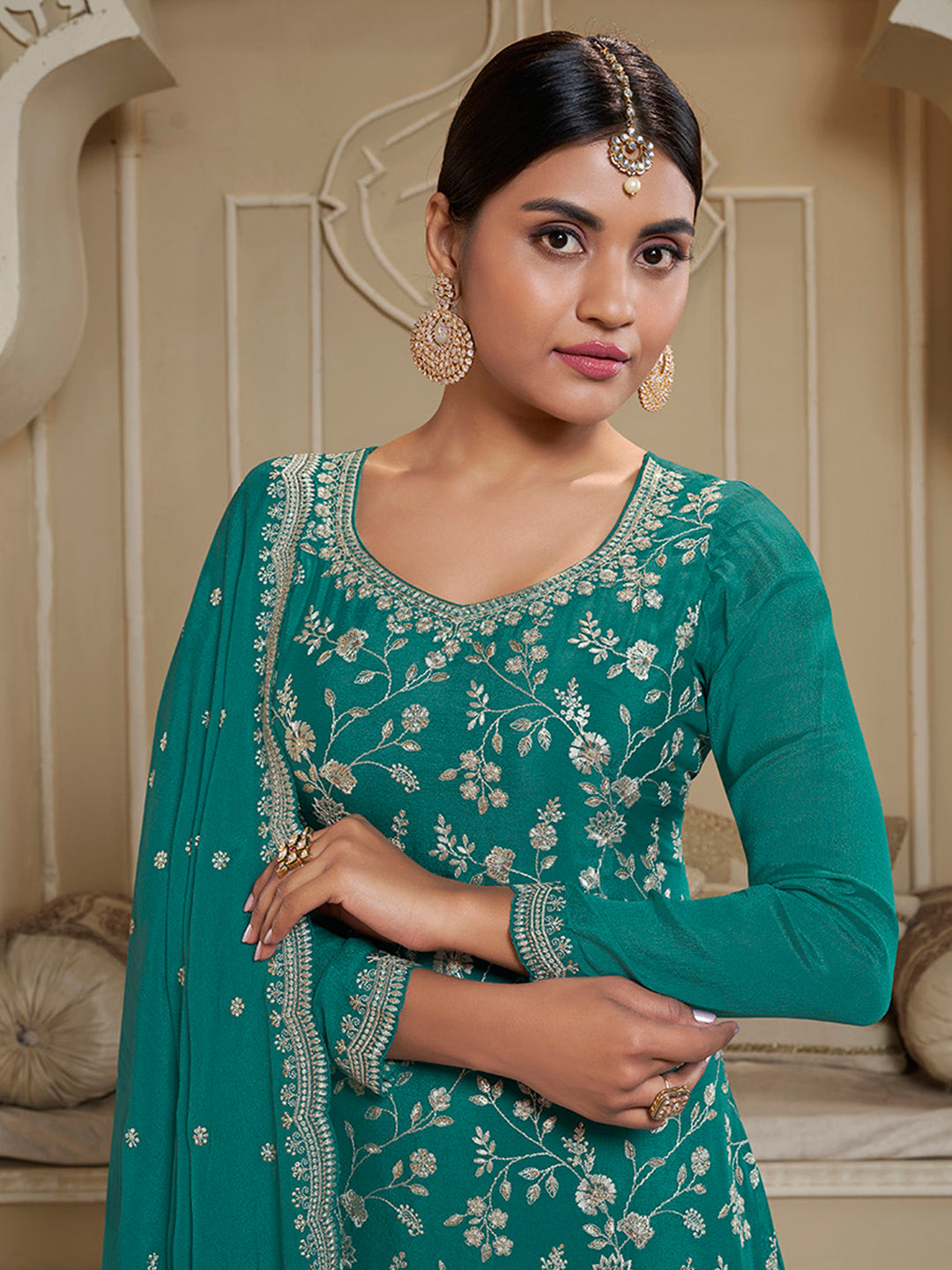 Turqouise Floral Pattern, Thread & Sequins Embroidered Sharara Suit Set Product vendor