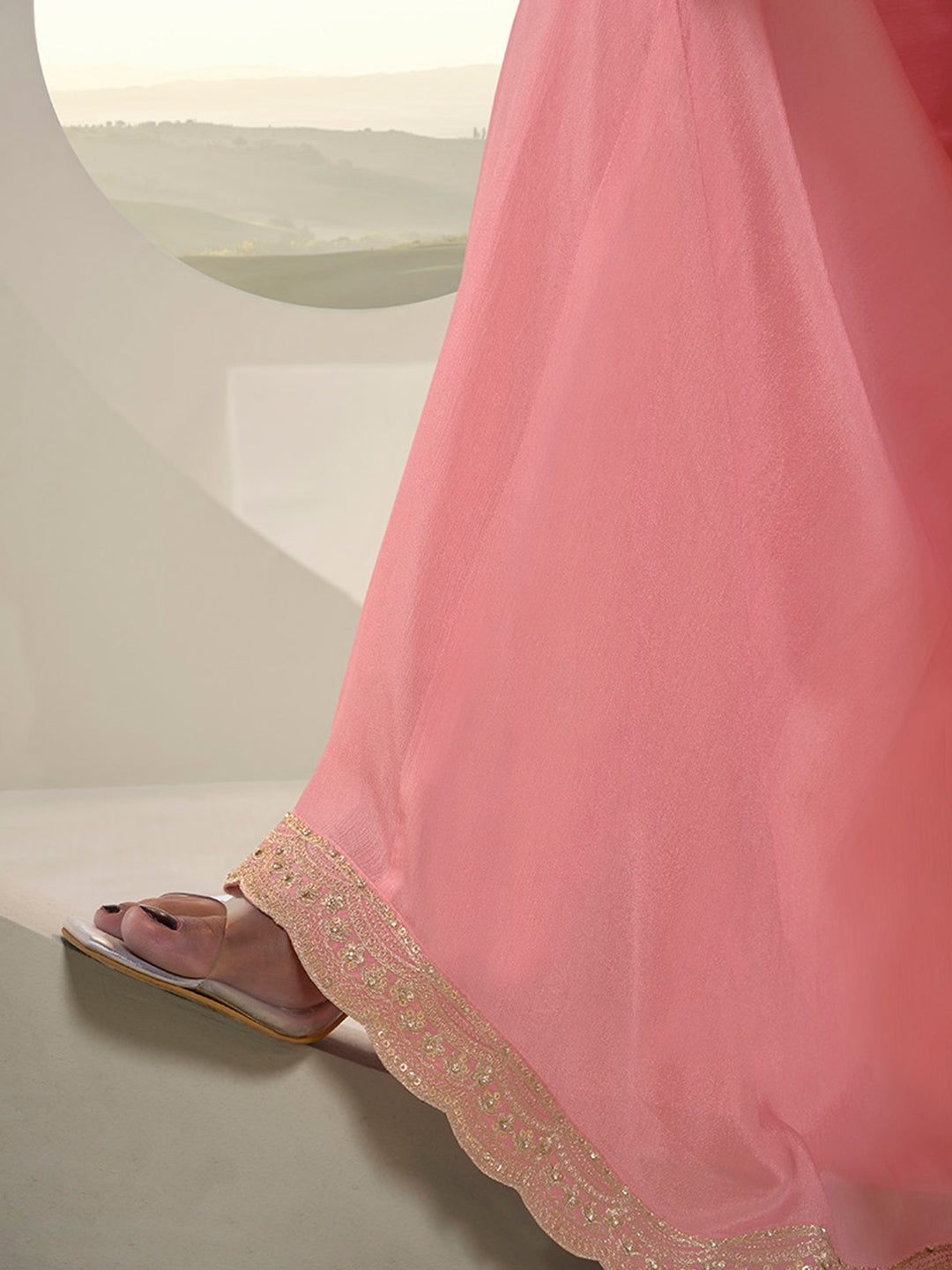 Peach Pink Floral Pattern, Thread with Sequins & Zari Embroidered Sharara Suit Set Product vendor