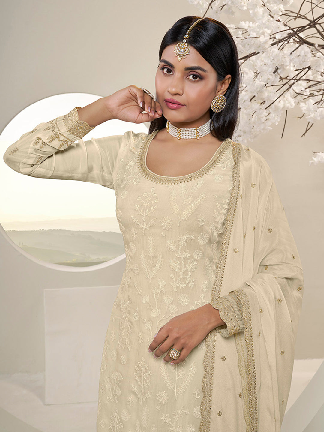 Off White Floral Pattern, Thread with Sequins & Zari Embroidered Sharara Suit Set Product vendor