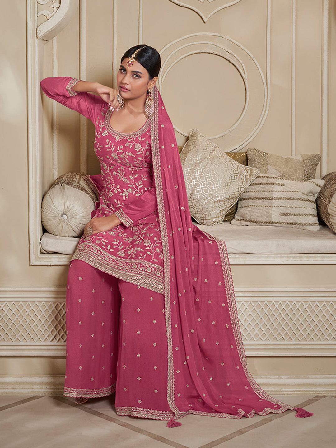 Deep Rose Floral Pattern, Thread & Sequins Embroidered Sharara Suit Set Product vendor
