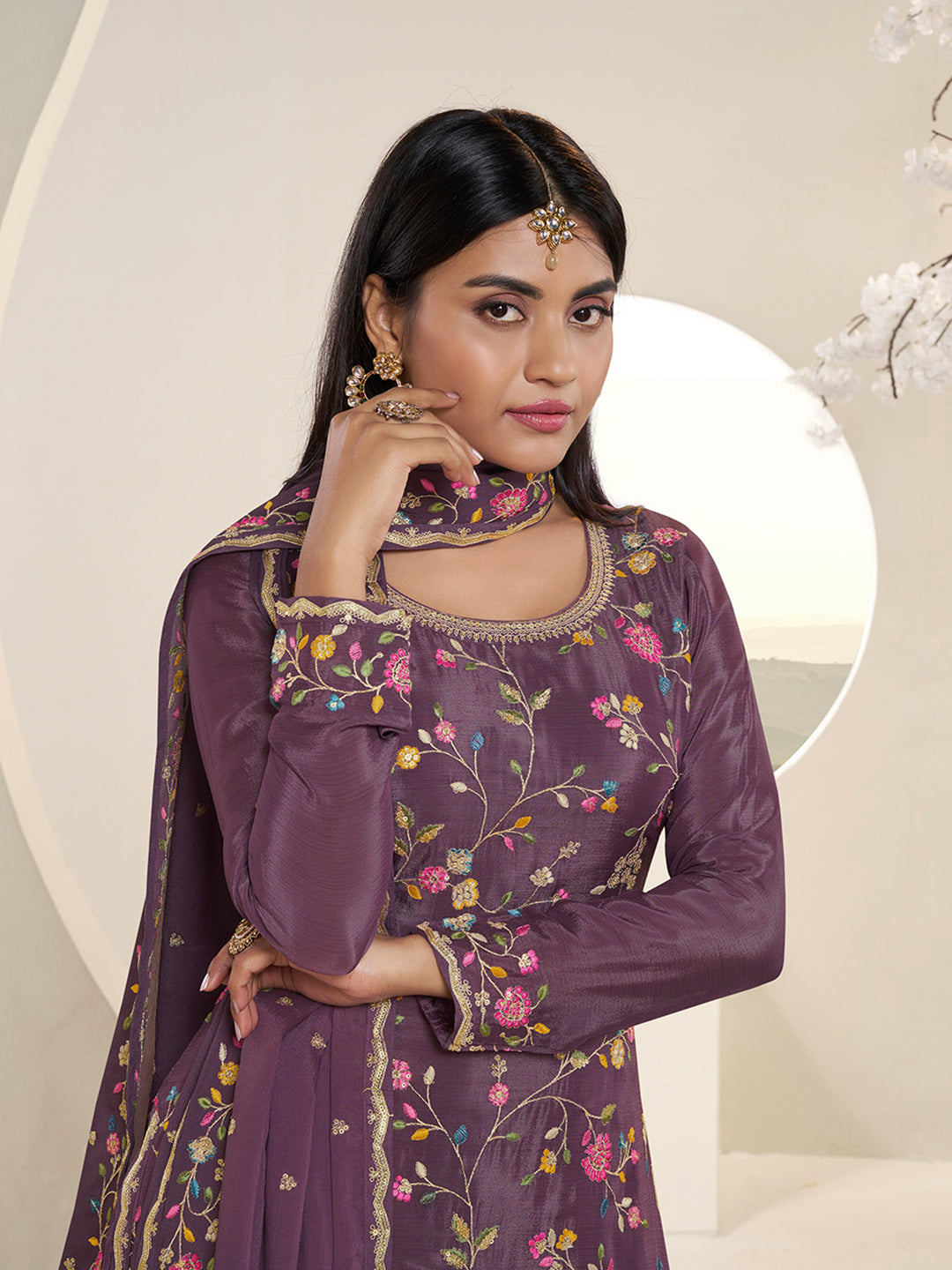 Purple Multi Colour Floral Thread & Embroidered Sharara Suit Set Product vendor