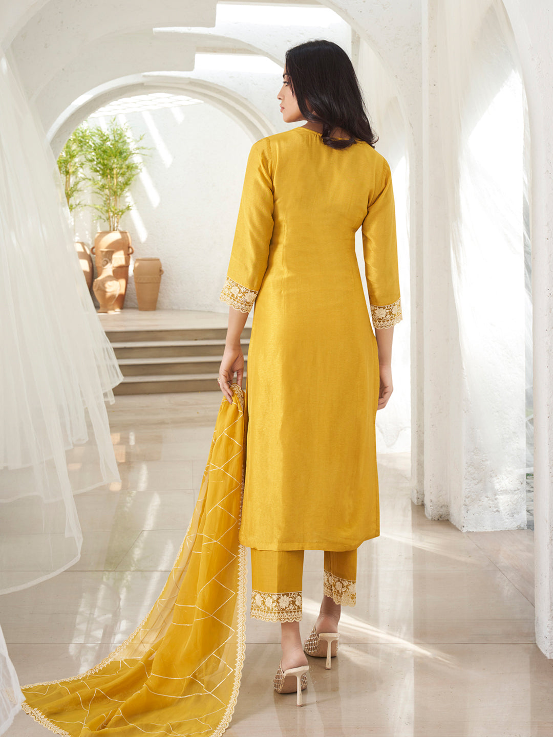 Floral + Geometric thread work & Hanging Pearl on Daman Kurta With Straight Pant & Dupatta Product vendor