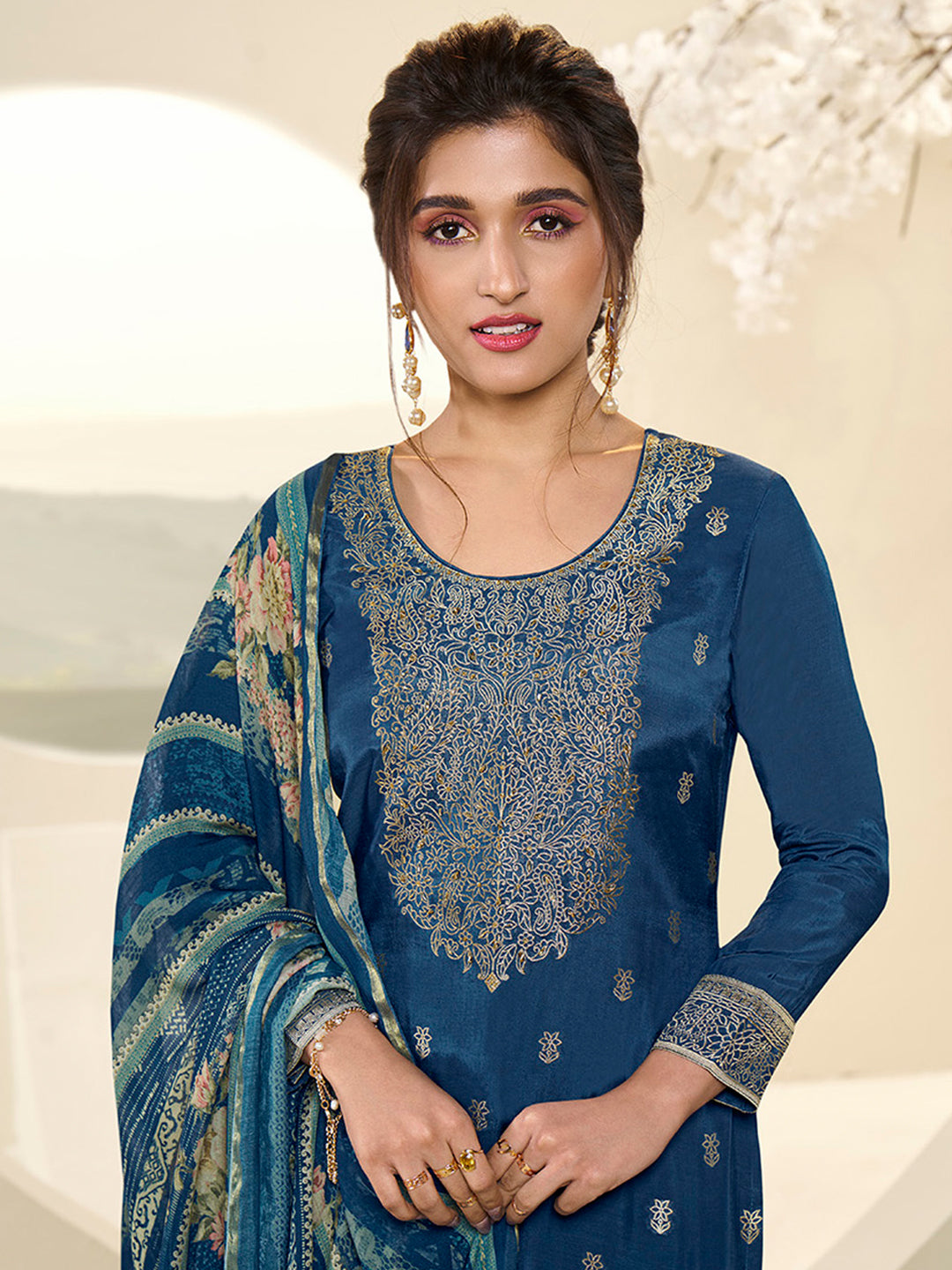 Muslin Jacquard Kurta Suit Set with Pencil Sketch Weave Handwork on Yoke Product vendor