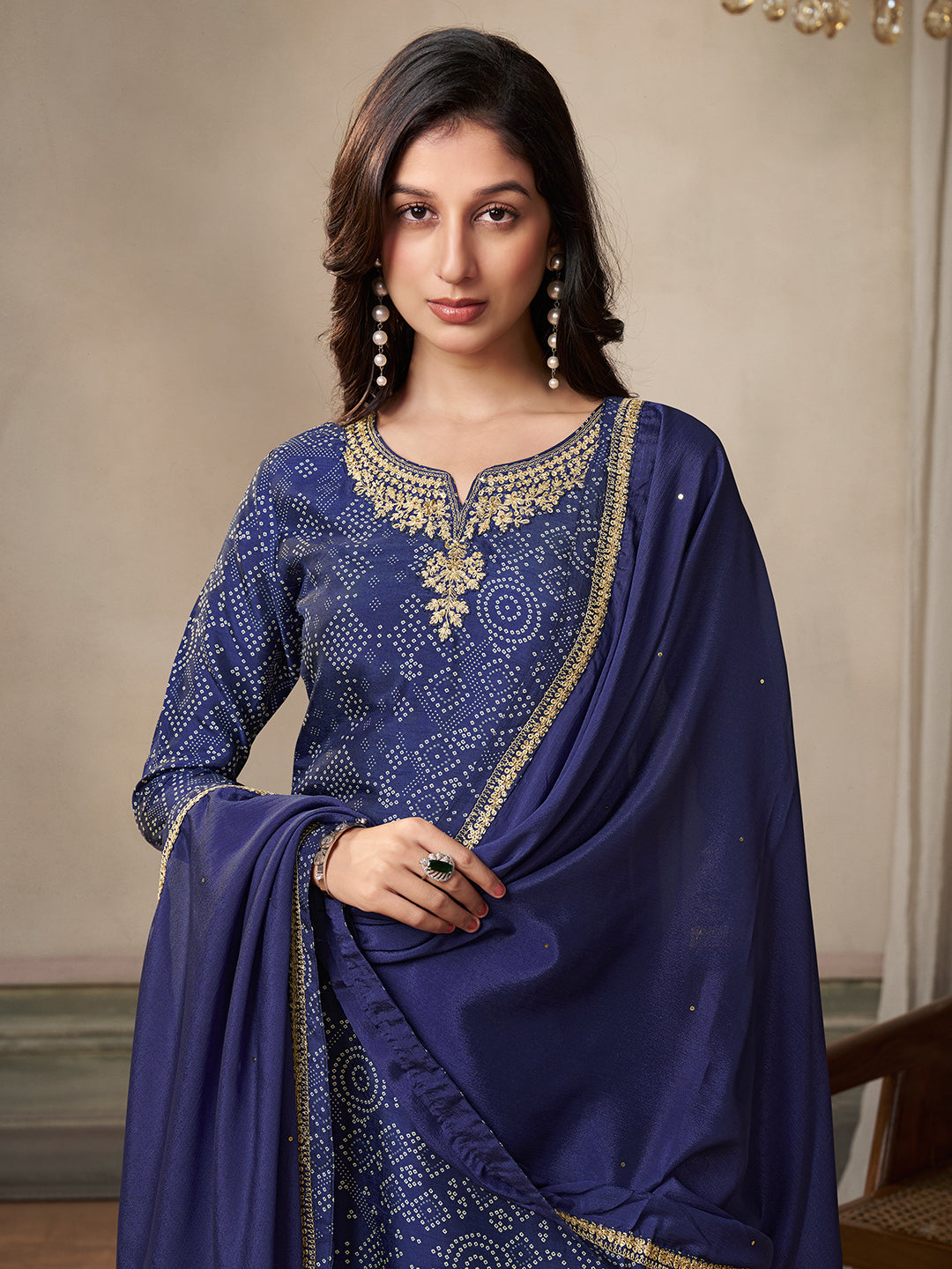 Royal Blue Kurta Set in Dola Bandhani Printed with Embroidery
