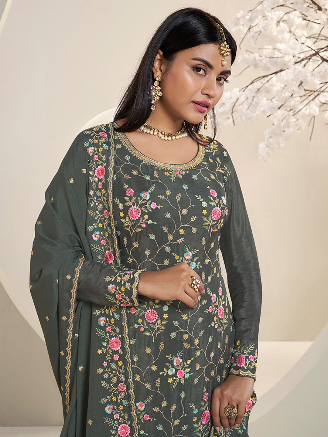 Grey Multi Colour Floral Thread & Embroidered Sharara Suit Set Product vendor