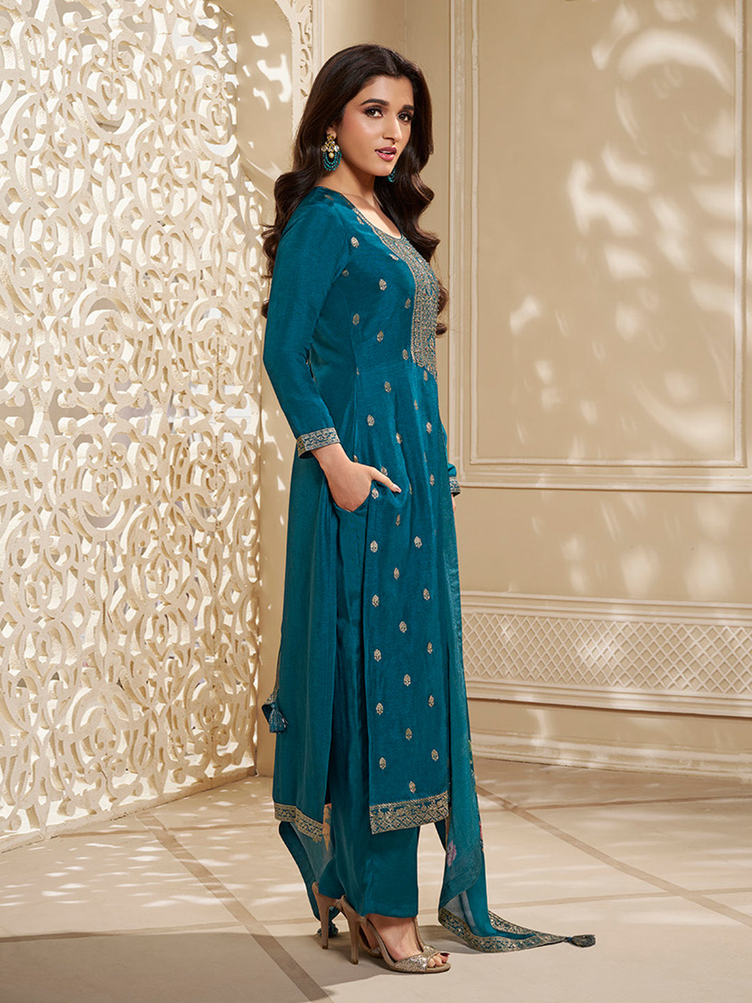 Dola Silk Jacquard Kurta With designer Yoke and handwork  with trousers and Dupatta Product vendor
