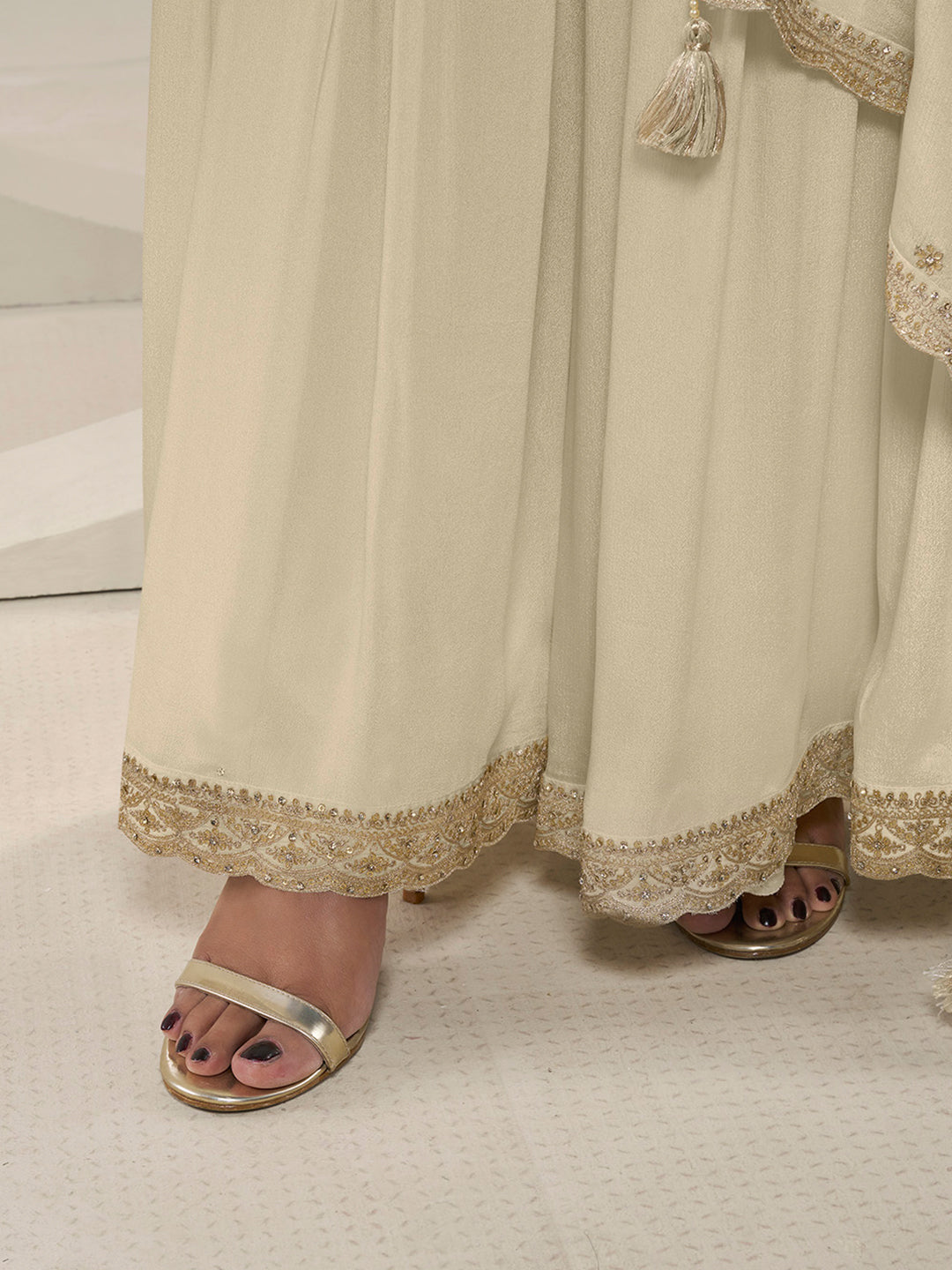 Off White Floral Pattern, Thread with Sequins & Zari Embroidered Sharara Suit Set Product vendor